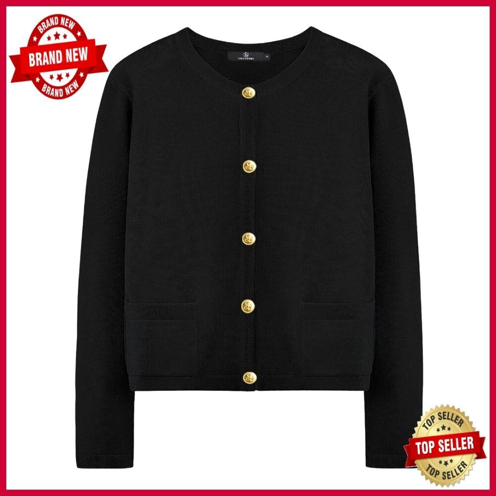 Cropped Cardigan Sweater with Golden Buttons, Long Sleeve Knit Top